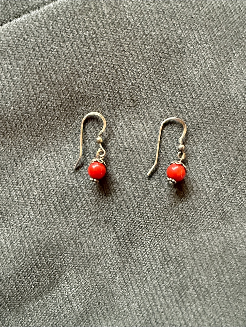 Red Bead Drop Earrings - Minimal Silver Hook